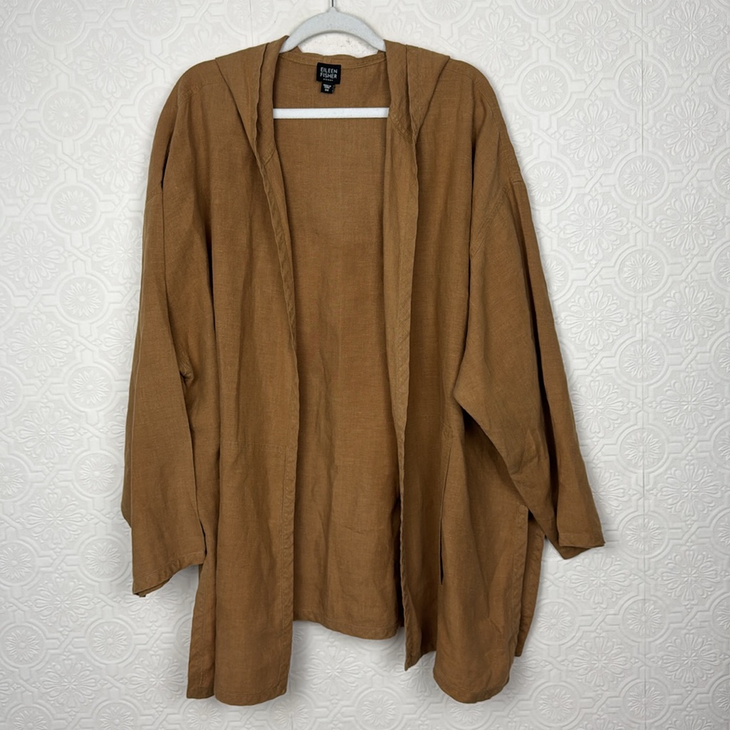 Eileen Fisher 100% Linen Tunic Jacket Open Shirt Hooded Tan Brown Organic 3x